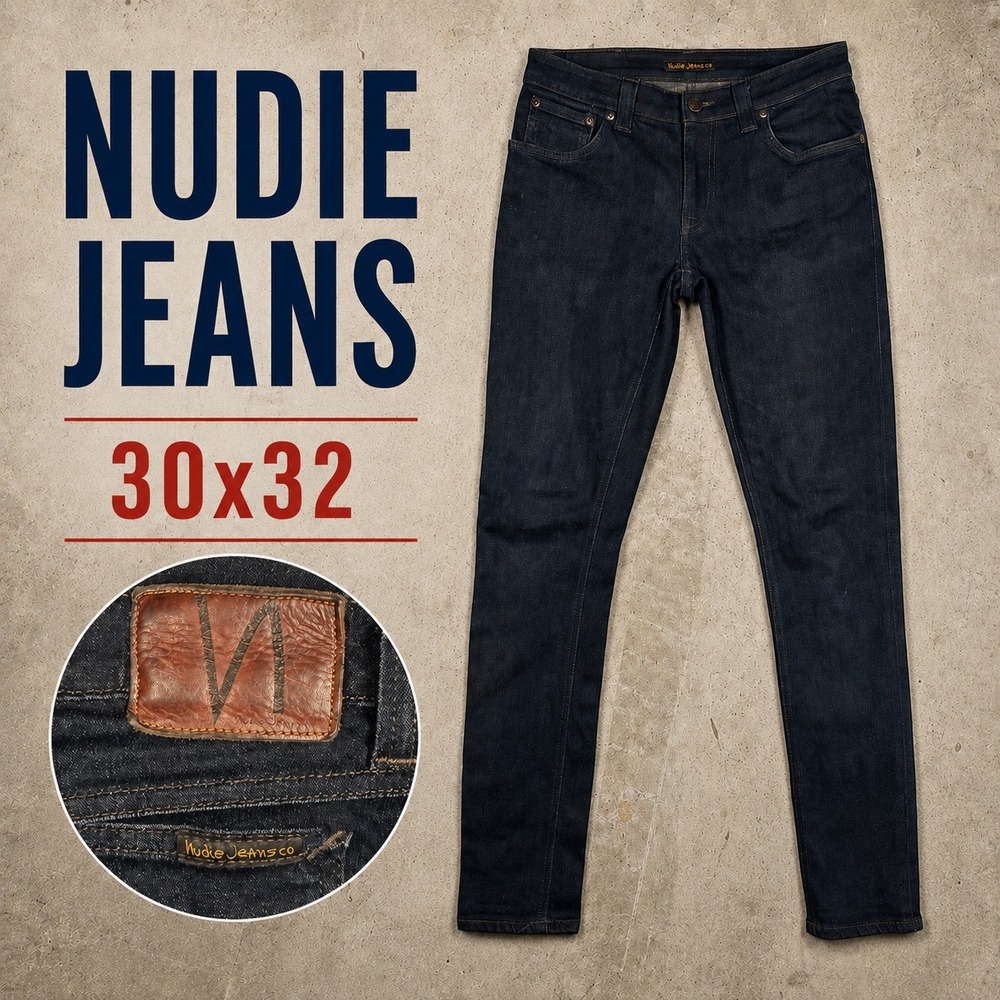 Nudie Jeans Co Mens 30x32 Organic Cotton‎ Slim Indigo Denim Jeans Dark Wash